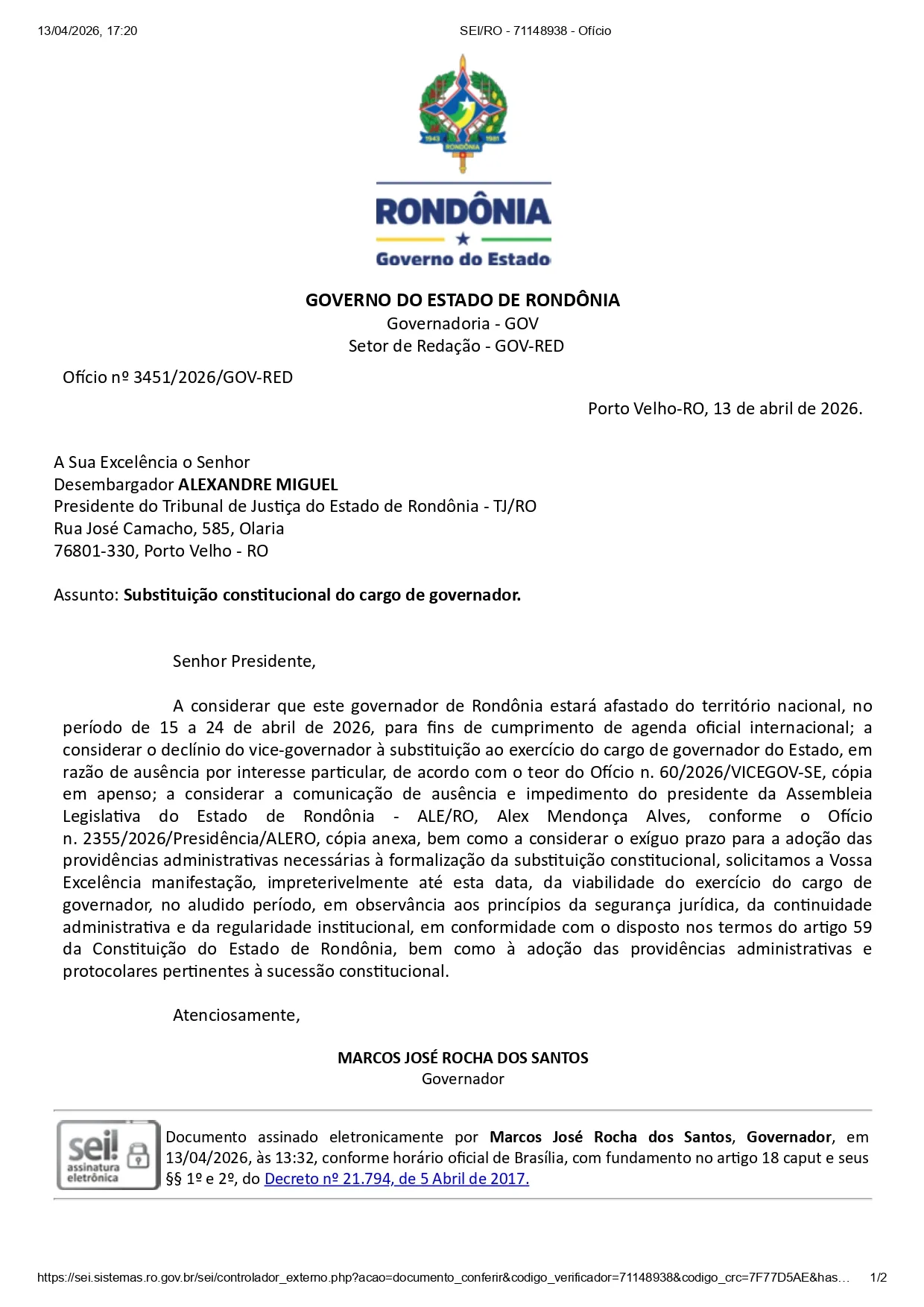 Governador Marcos Rocha vai viajar para fora do país, vice e Redano rejeitam assumir e presidente do TJRO é chamado Governador Marcos Rocha vai viajar para fora do país, vice e Redano rejeitam assumir e presidente do TJRO é chamado