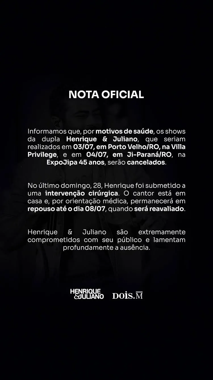 Henrique e Juliano cancelam shows em Porto Velho e Ji-Paraná