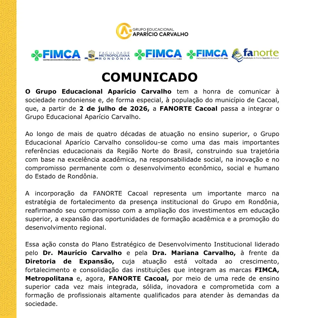 Fanorte Cacoal passa a integrar Grupo Aparício Carvalho Fanorte Cacoal passa a integrar Grupo Aparício Carvalho