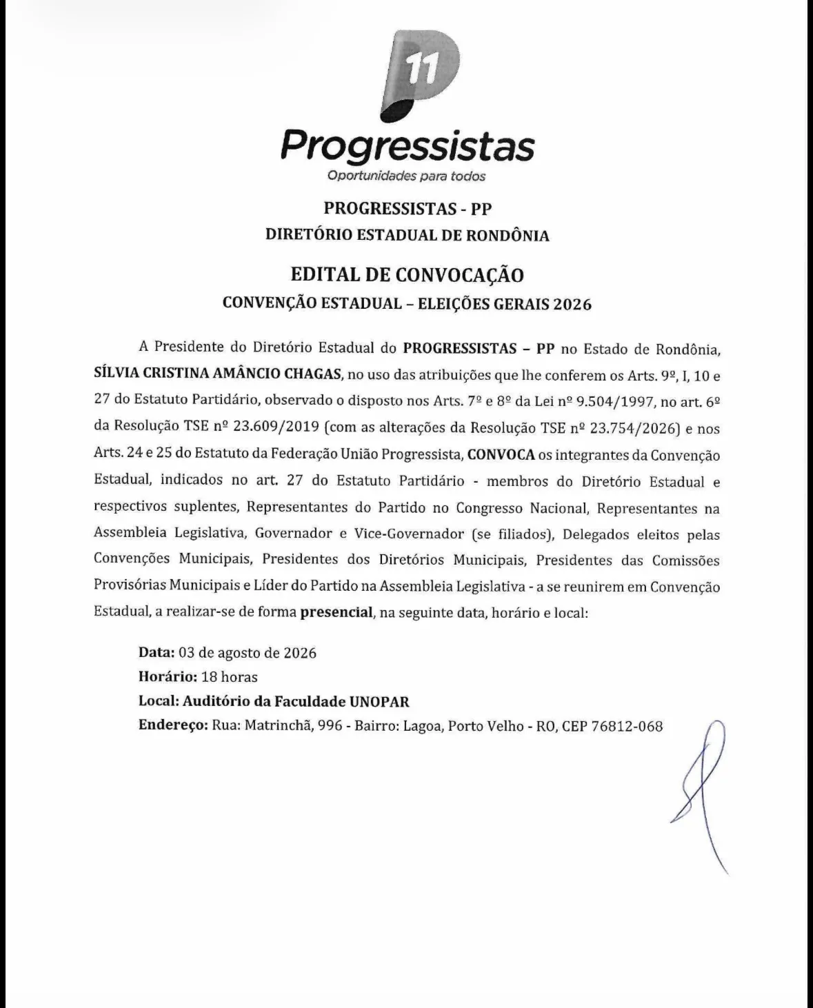 EDITAL DE CONVOCAÇÃO CONVENÇÃO ESTADUAL - ELEIÇÕES GERAIS 2026
